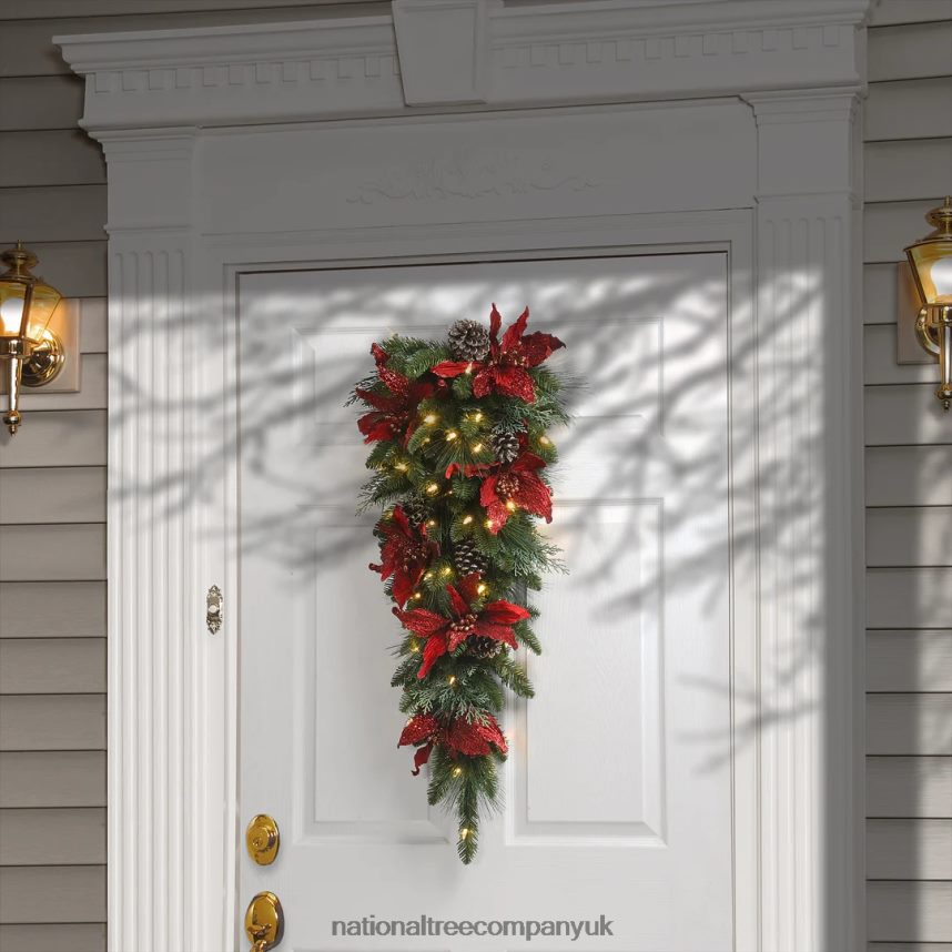 Greenery | National Tree Company Pre-Lit Artificial Christmas Teardrop Green Evergreen White Lights Decorated with Pine Cones Poinsettia Flowers Christmas Collection 36 Inches F2L4F477